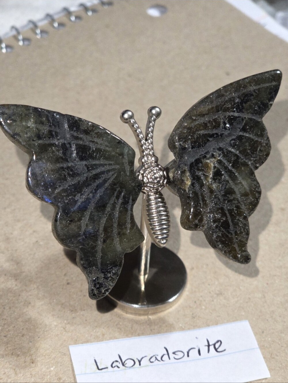 Labradorite Crystal Butterfly Wings On Metal Body Stand